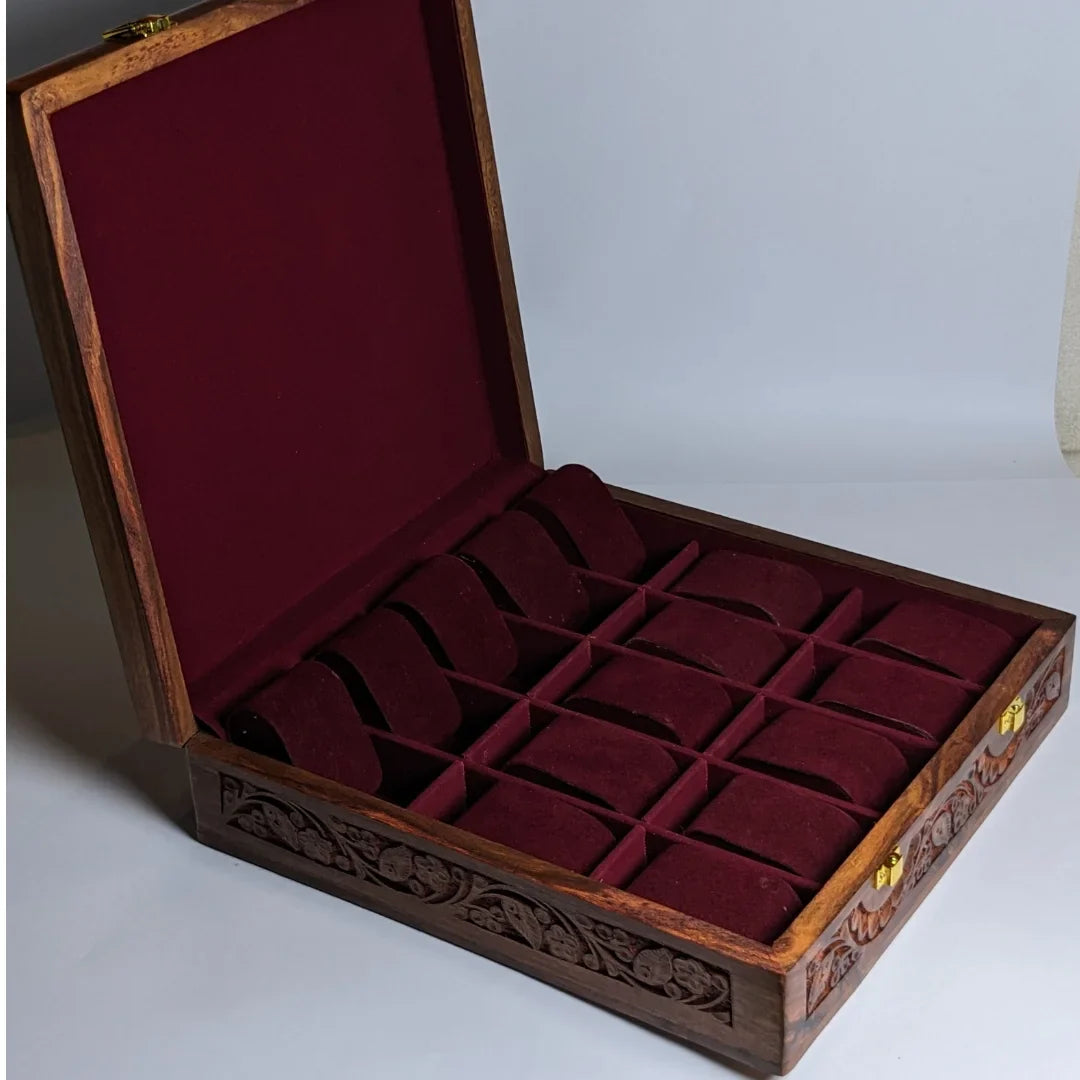 Wooden Watch Box with Plain Top, Carving Art & Shape-Holding Cushions – Organizer for 15 Watches