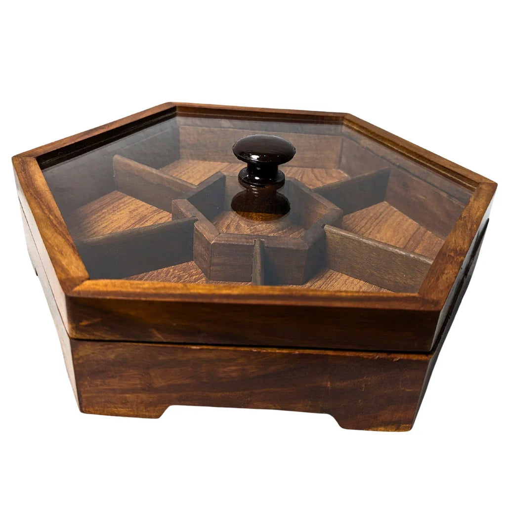 Handcrafted Wooden Dry Fruit Box with Glass Lid with 7 Compartments