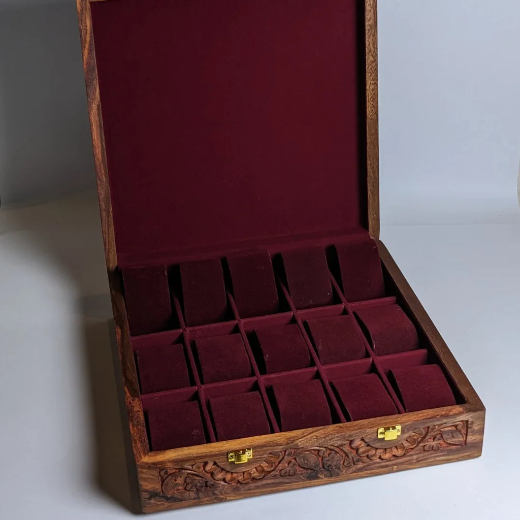 Wooden Watch Box with Plain Top, Carving Art & Shape-Holding Cushions – Organizer for 15 Watches