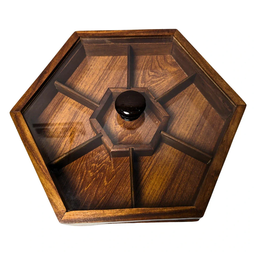 Handcrafted Wooden Dry Fruit Box with Glass Lid with 7 Compartments