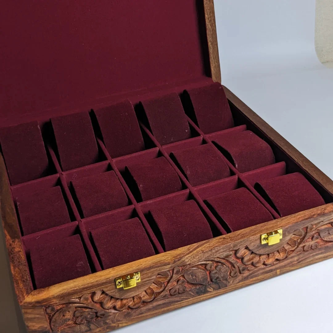 Wooden Watch Box with Plain Top, Carving Art & Shape-Holding Cushions – Organizer for 15 Watches