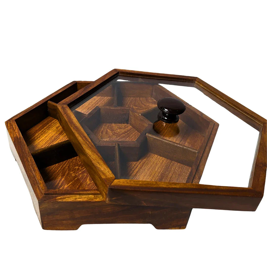 Handcrafted Wooden Dry Fruit Box with Glass Lid with 7 Compartments