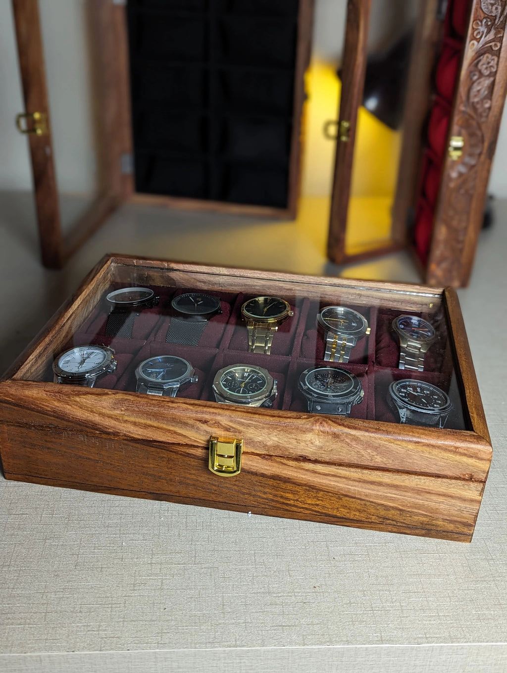 Wooden Watch Box with Glass Lid - Organizer for 10 Watches