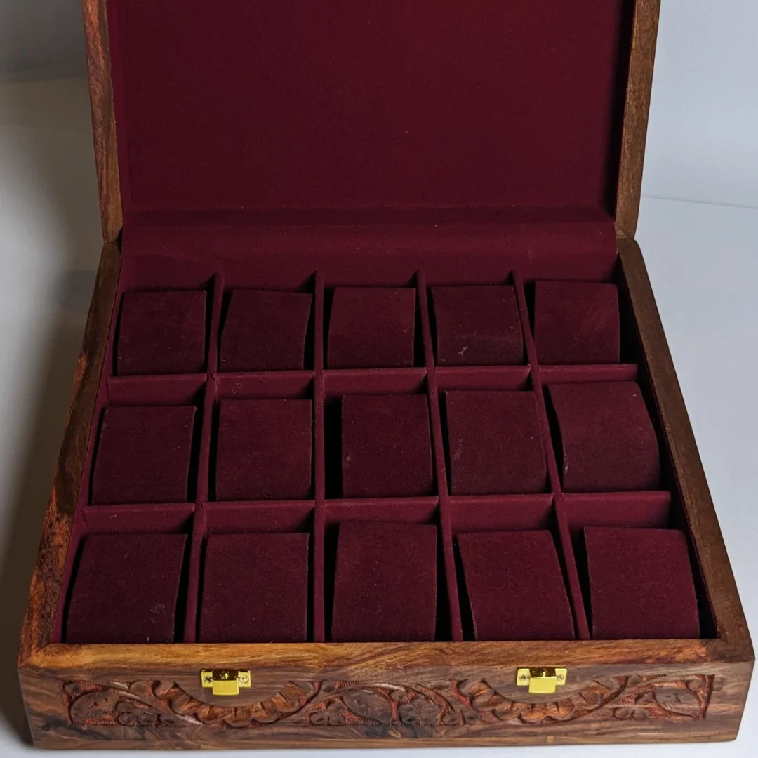Wooden Watch Box with Plain Top, Carving Art & Shape-Holding Cushions – Organizer for 15 Watches