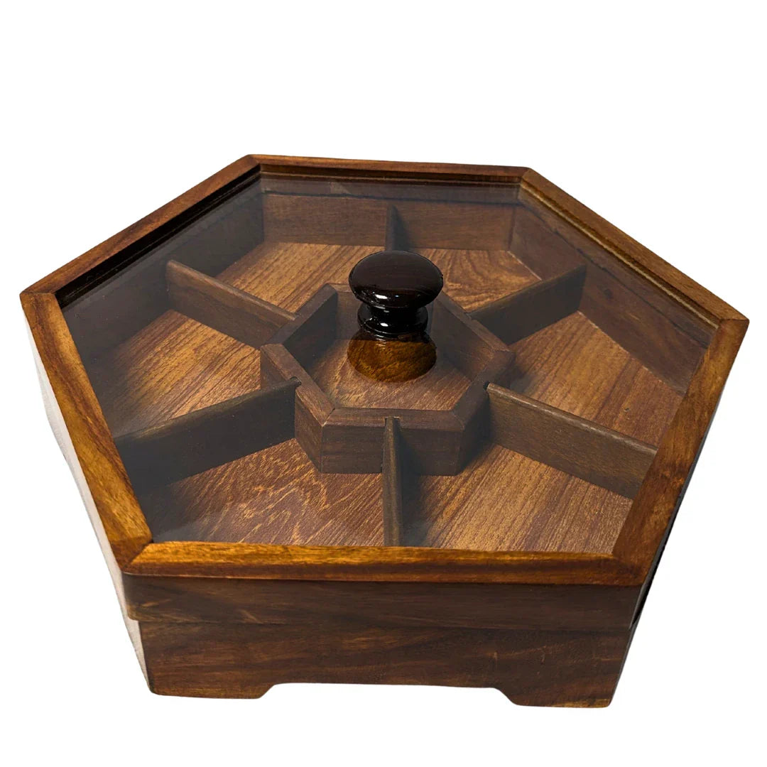 Handcrafted Wooden Dry Fruit Box with Glass Lid with 7 Compartments