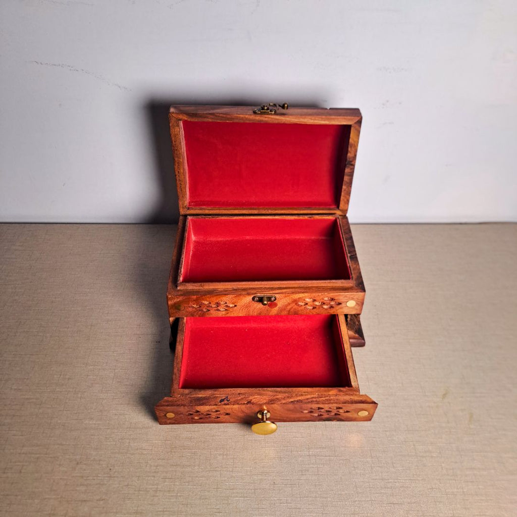 Hand-Carved Shesham Wood Jewelry Box with Drawer - 7x10 Inches