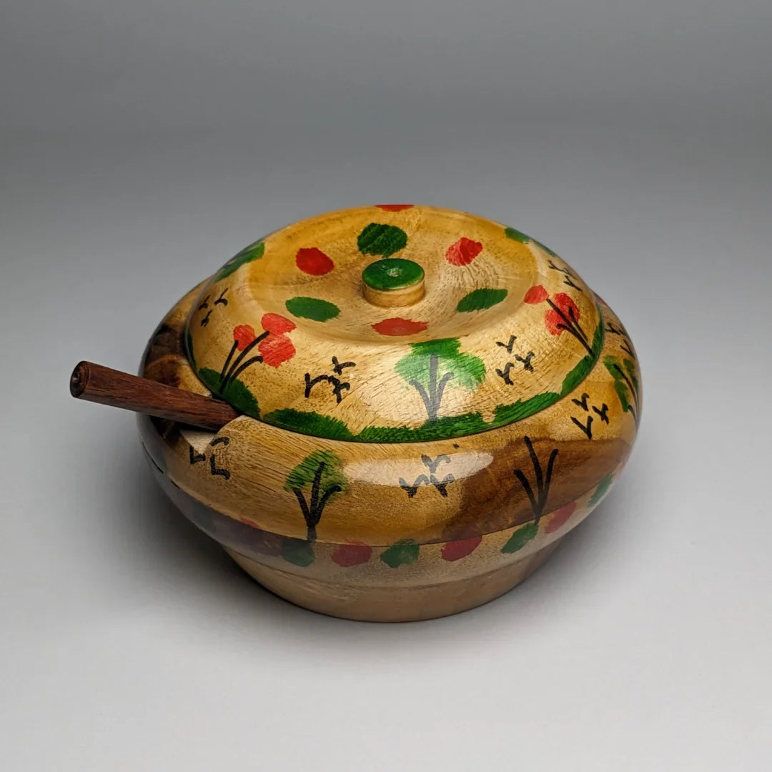Hand-Painted Wooden Sugar Pot with Lid & Spoon