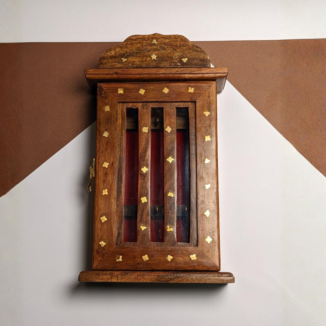 Handmade Wooden Wall Mounted Key Box with Glass Panel and 6 Key Hooks