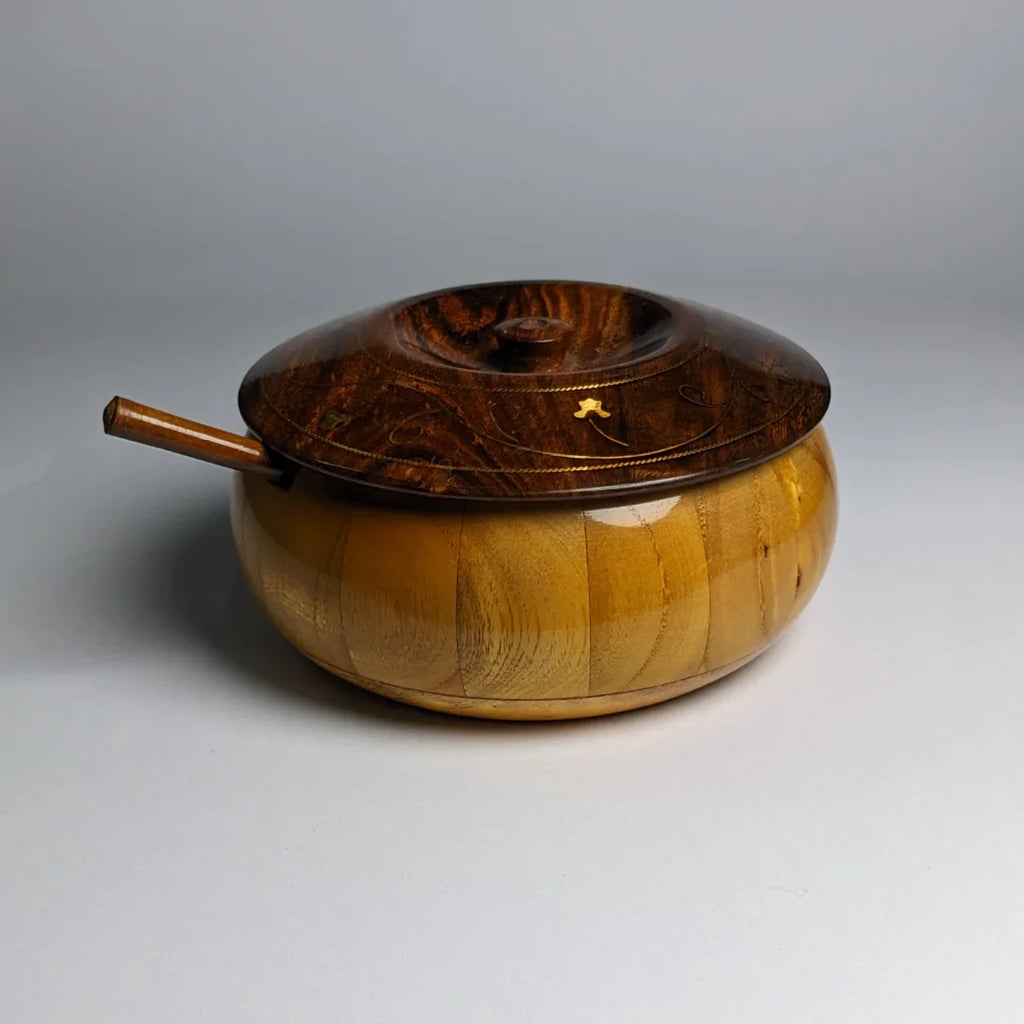 Handcrafted Wooden Sugar Pot with Lid & Spoon