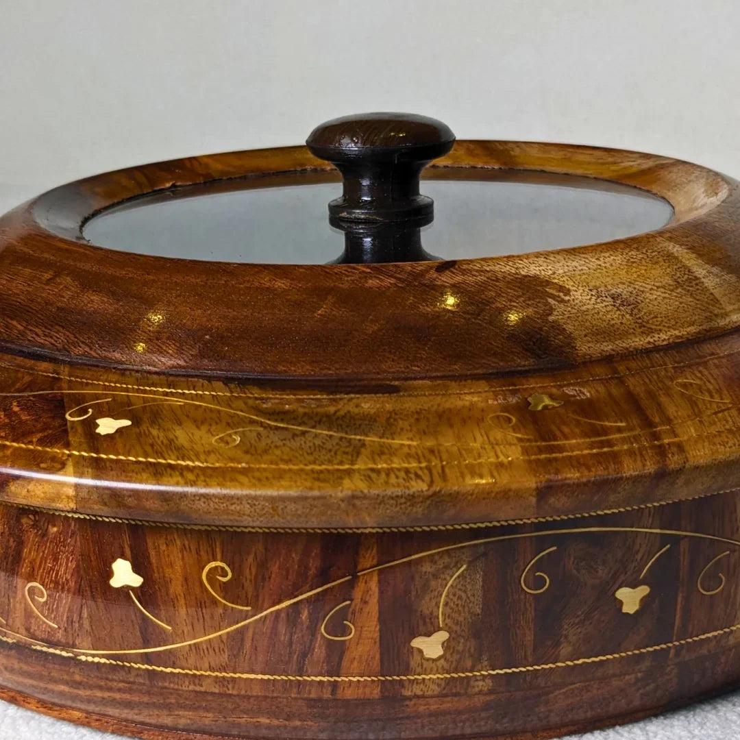 Wooden Dry Fruit Box with Glass Lid & Brass Art