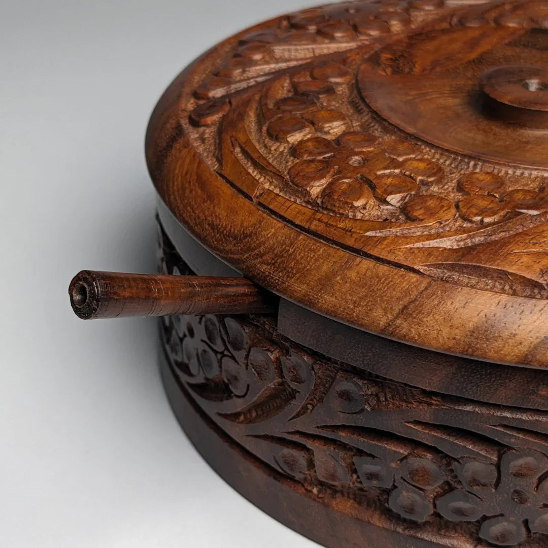 Hand-Carved Wooden Sugar Pot with Lid & Spoon