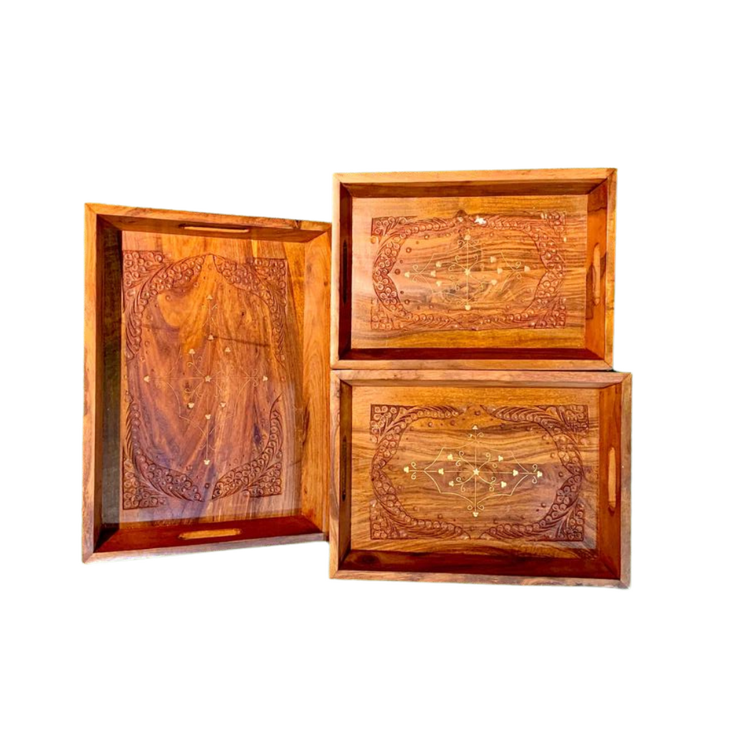 Hand Carved Wooden Tray Set (3 Trays)
