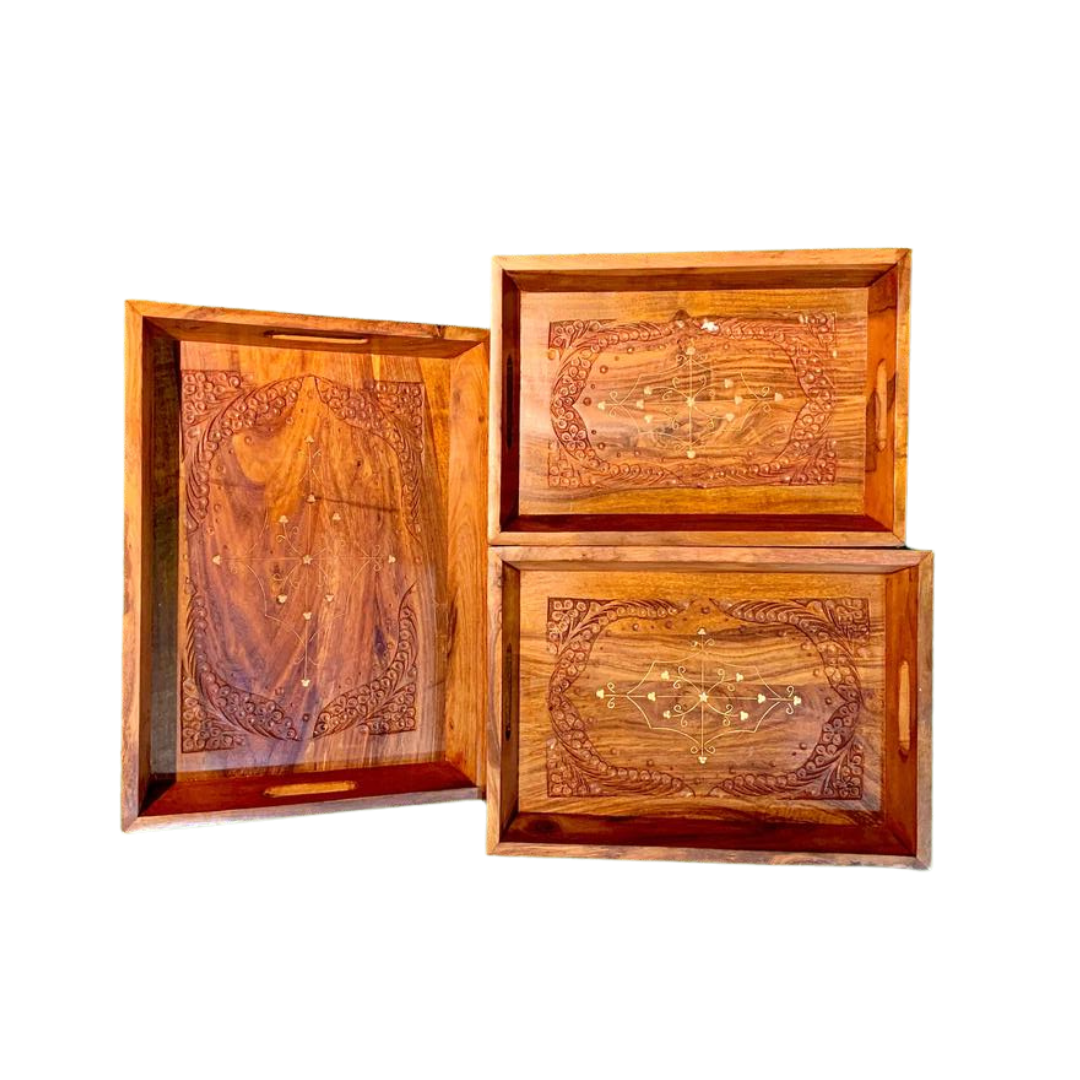 Hand Carved Wooden Tray Set (3 Trays)