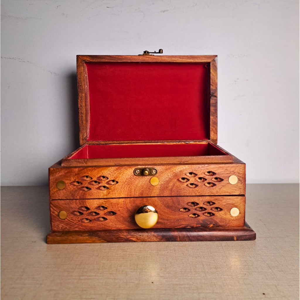 Hand-Carved Shesham Wood Jewelry Box with Drawer - 7x10 Inches