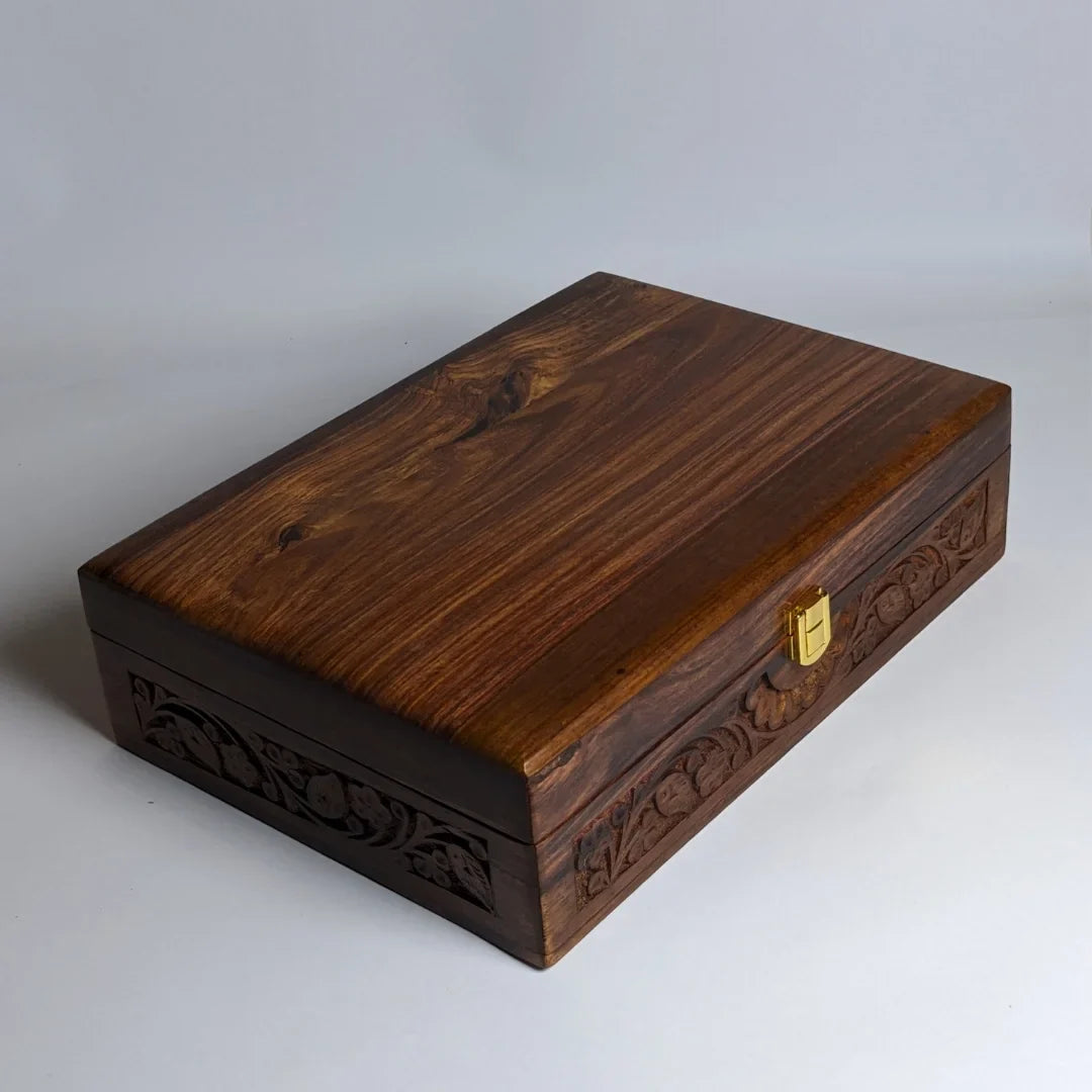 Wooden Watch Box with Plain Top, Carving Art & Shape-Holding Cushions – Organizer for 10 Watches
