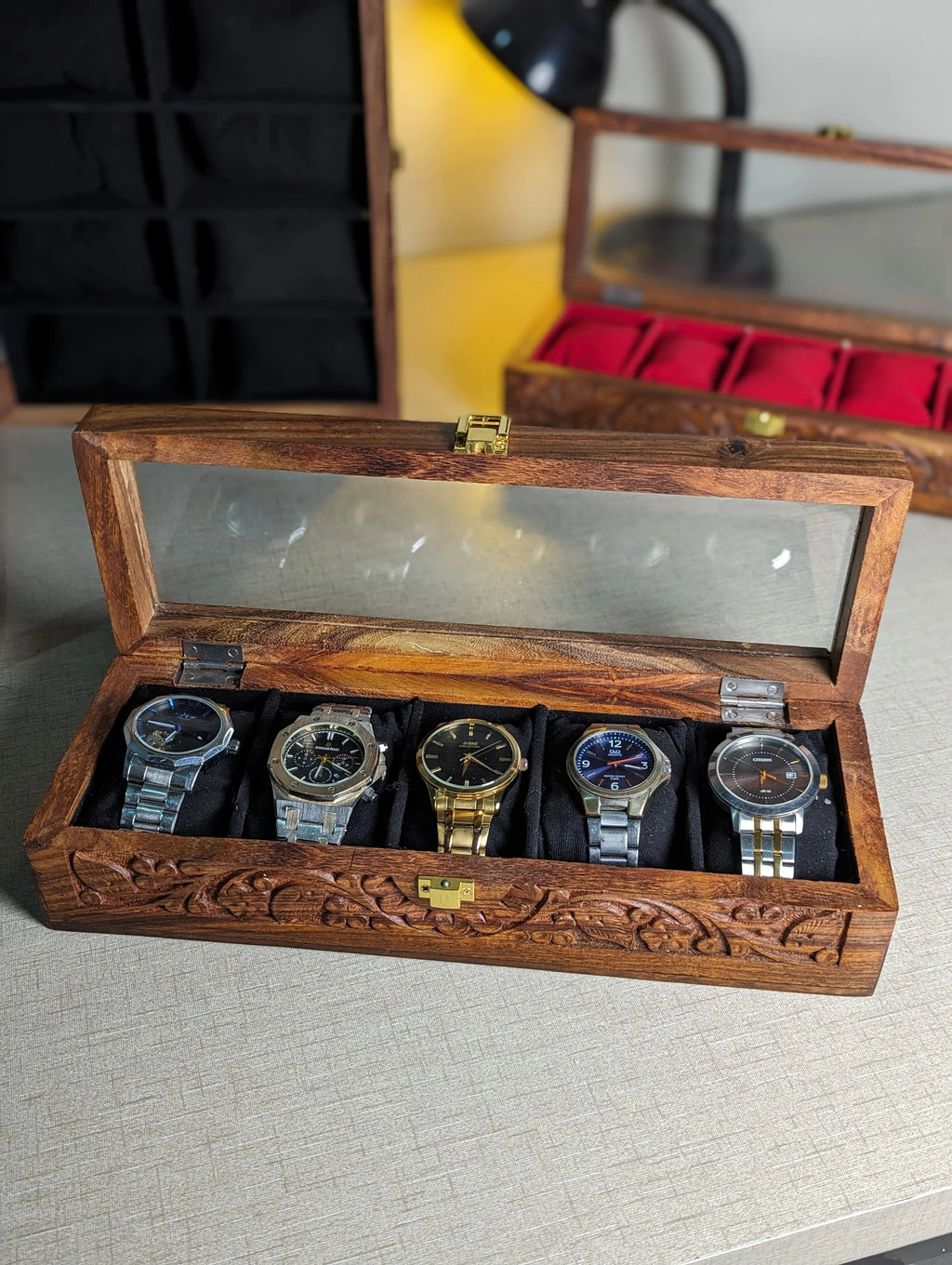 Wooden Watch Box with Glass Lid & Carving Art - Organizer for 5 Watches