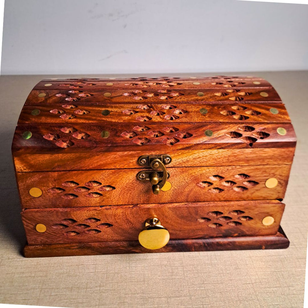 Hand-Carved Shesham Wood Jewelry Box with Drawer - 7x10 Inches