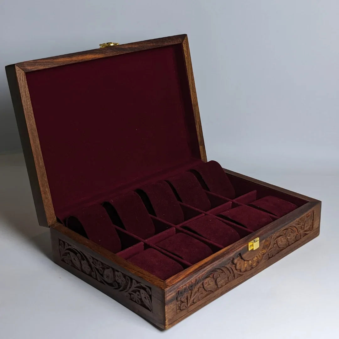 Wooden Watch Box with Plain Top, Carving Art & Shape-Holding Cushions – Organizer for 10 Watches