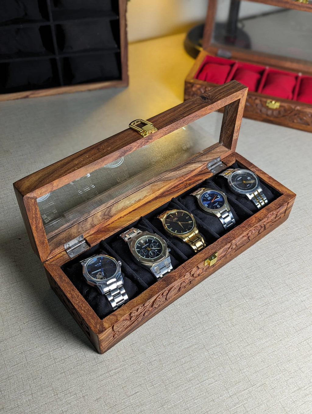 Wooden Watch Box with Glass Lid & Carving Art - Organizer for 5 Watches