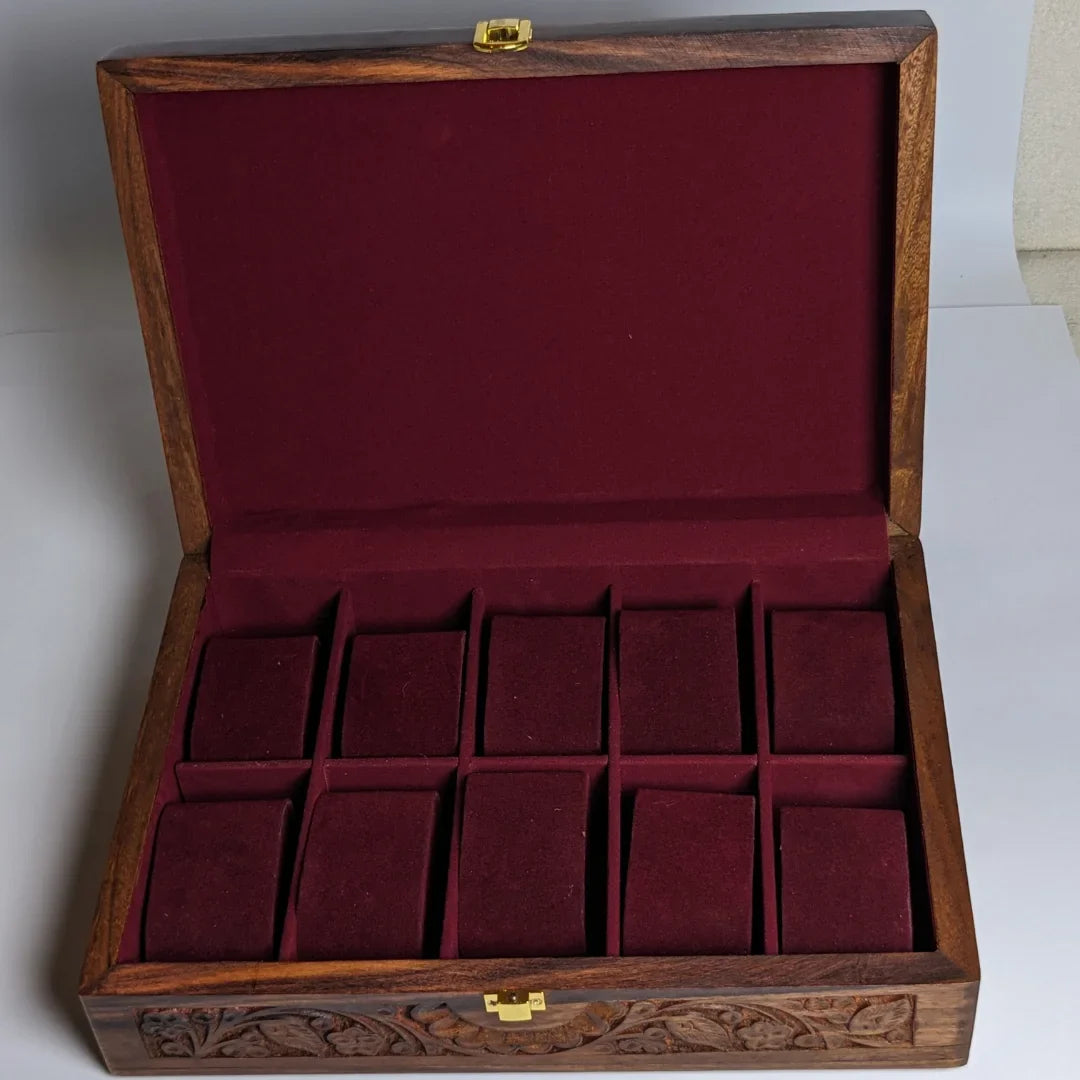 Wooden Watch Box with Plain Top, Carving Art & Shape-Holding Cushions – Organizer for 10 Watches