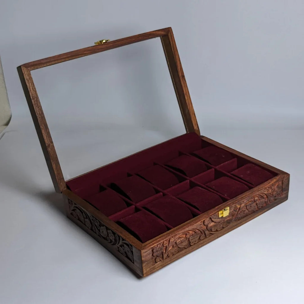 Wooden Watch Box with Glass Lid, Carving Art & Shape-Holding Cushions – Organizer for 10 Watches