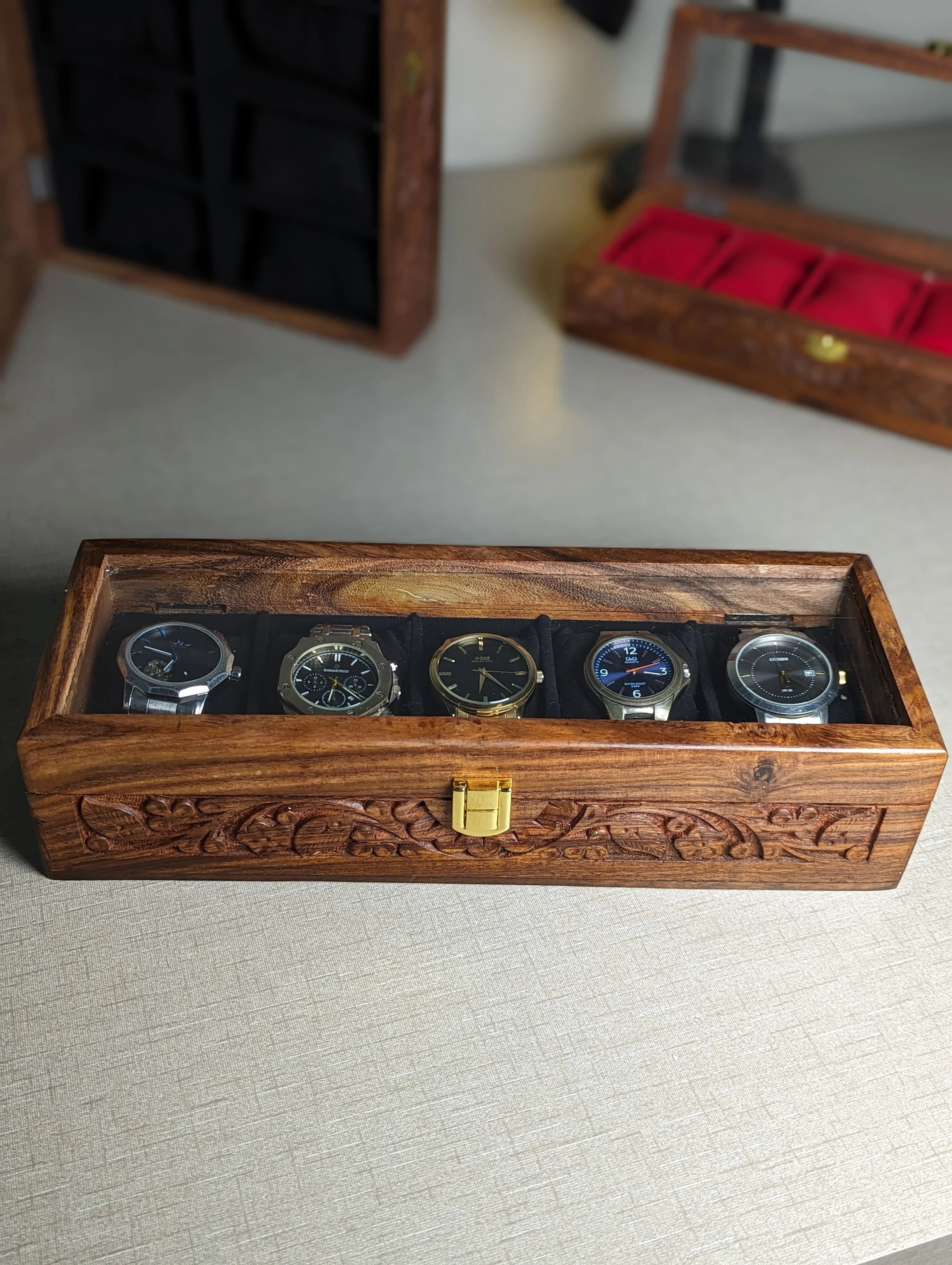 Wooden Watch Box with Glass Lid & Carving Art - Organizer for 5 Watches