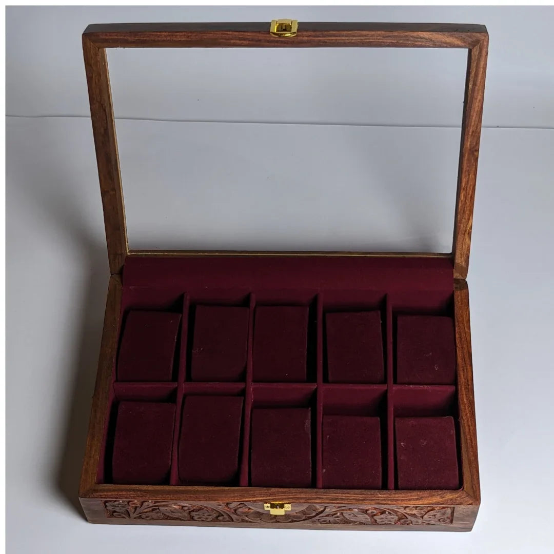 Wooden Watch Box with Glass Lid, Carving Art & Shape-Holding Cushions – Organizer for 10 Watches