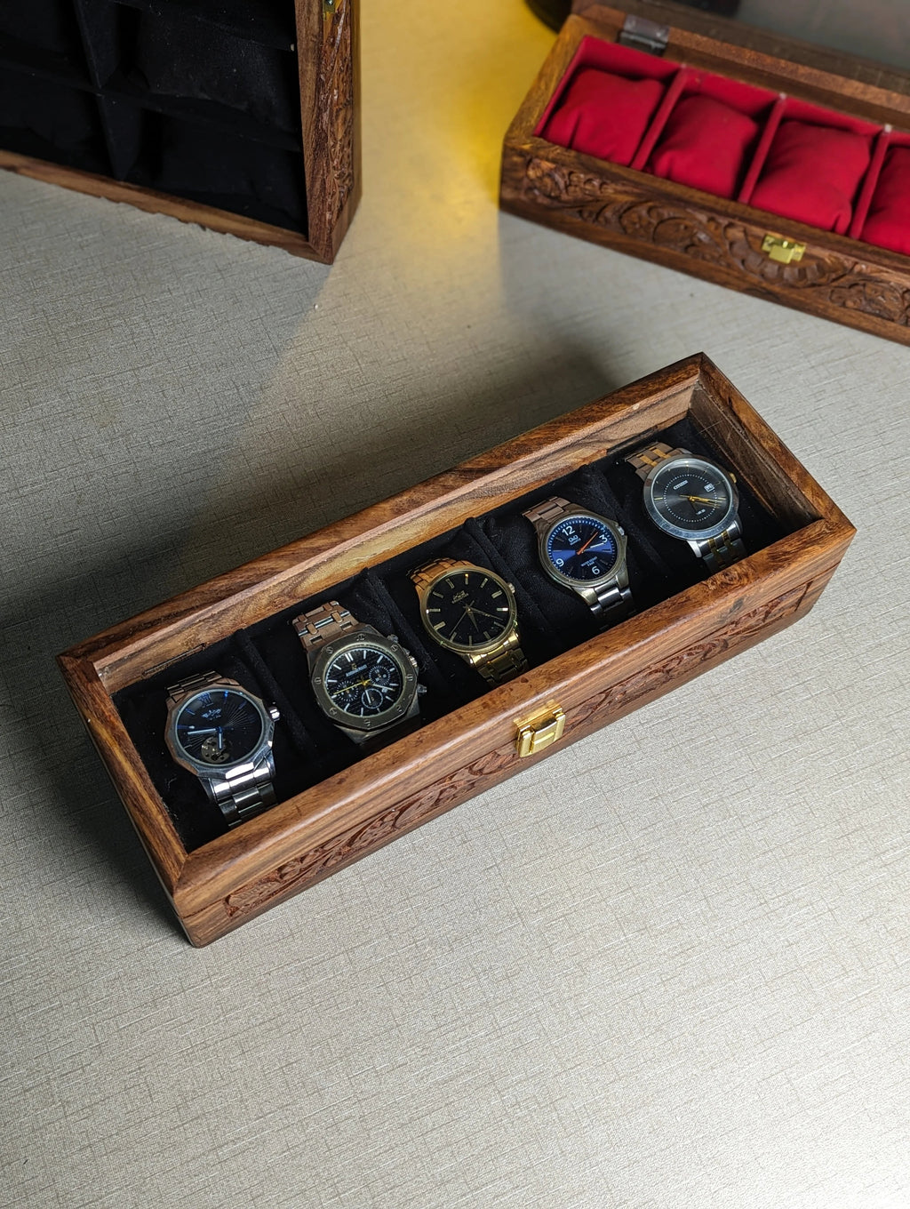 Wooden Watch Box with Glass Lid & Carving Art - Organizer for 5 Watches