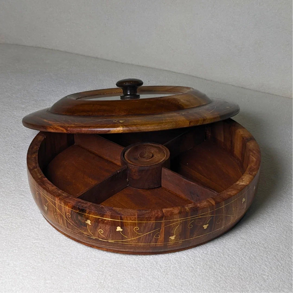 Wooden Dry Fruit Box with Glass Lid & Brass Art
