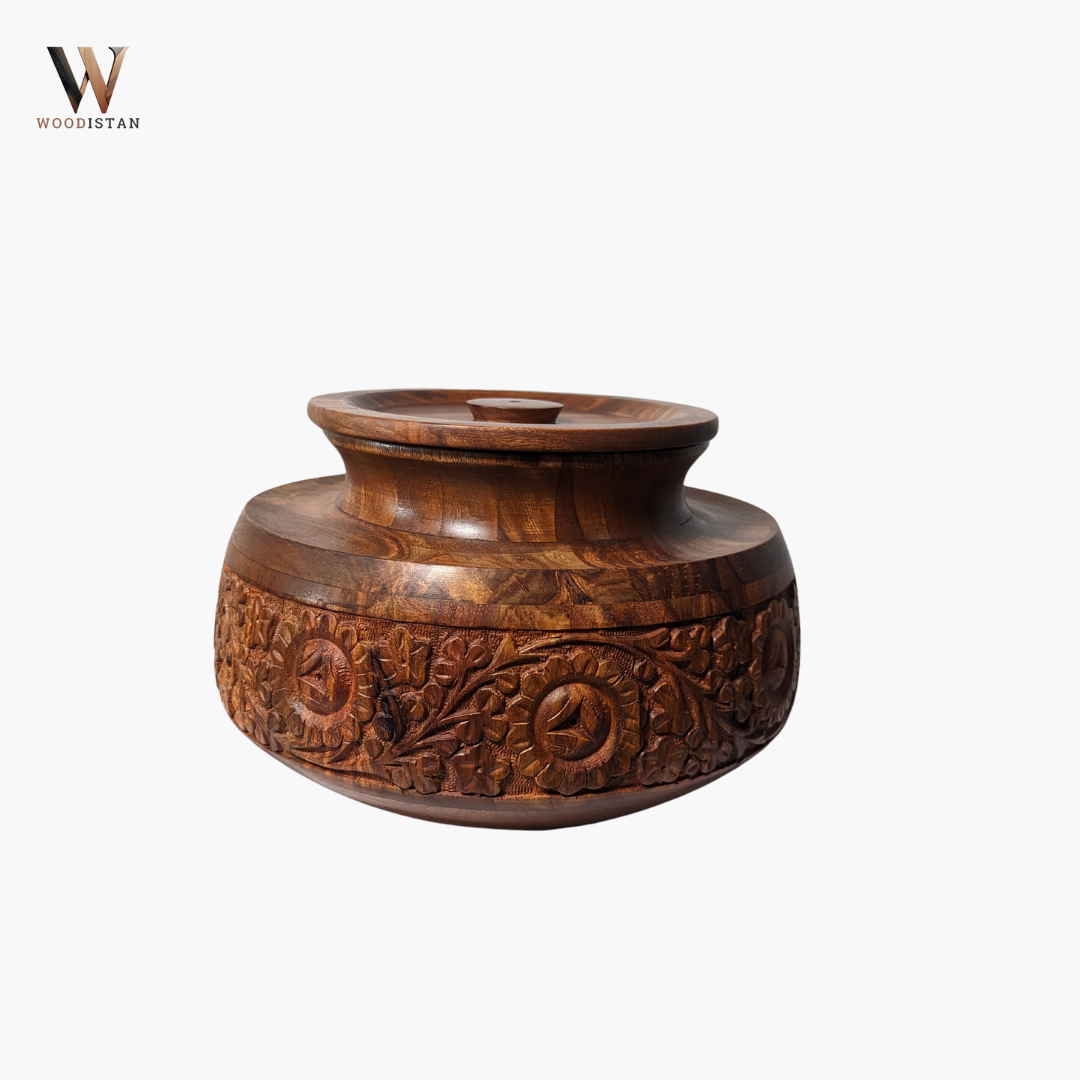 Handmade Wooden Daig Style Chapati Hotpot with Carving Art