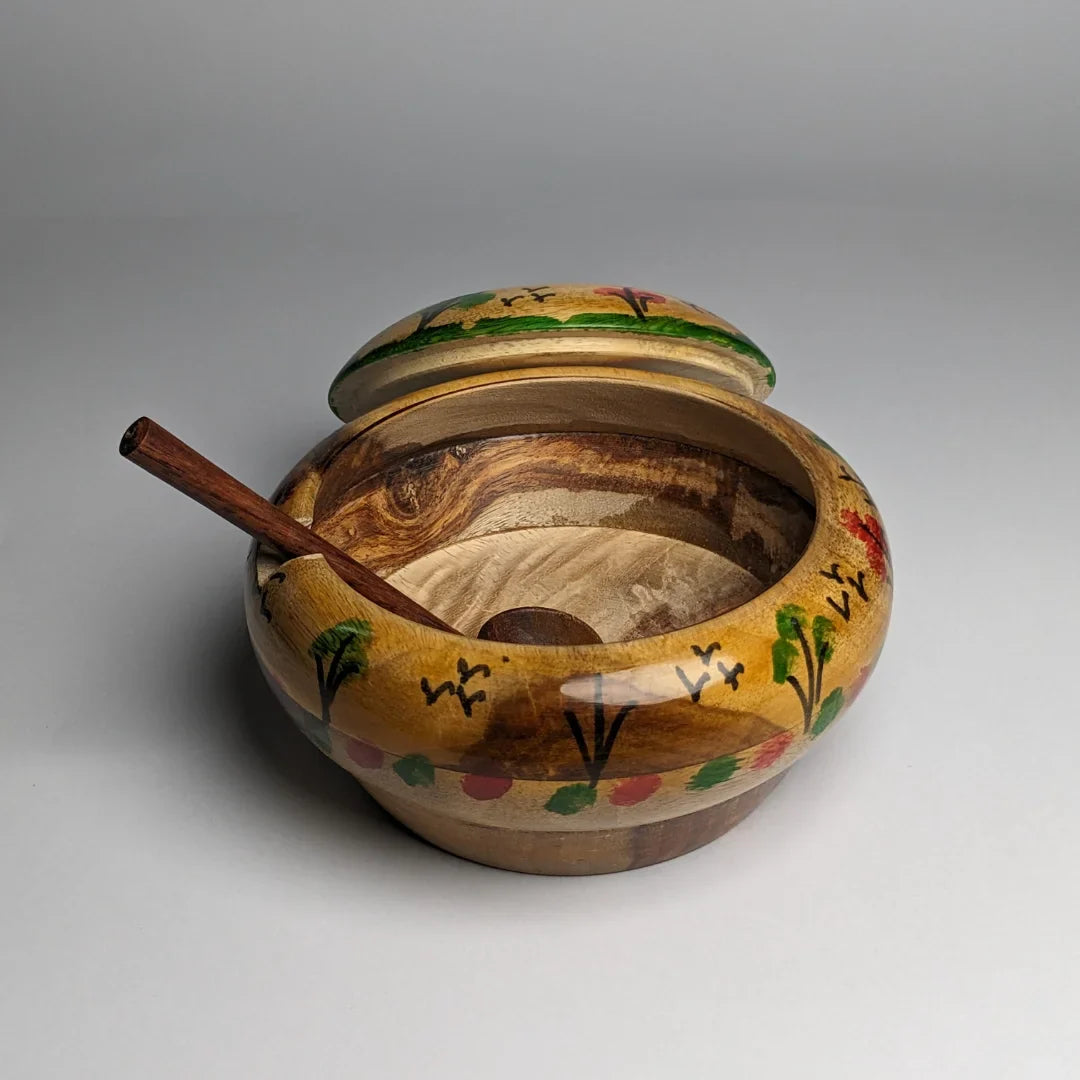 Hand-Painted Wooden Sugar Pot with Lid & Spoon