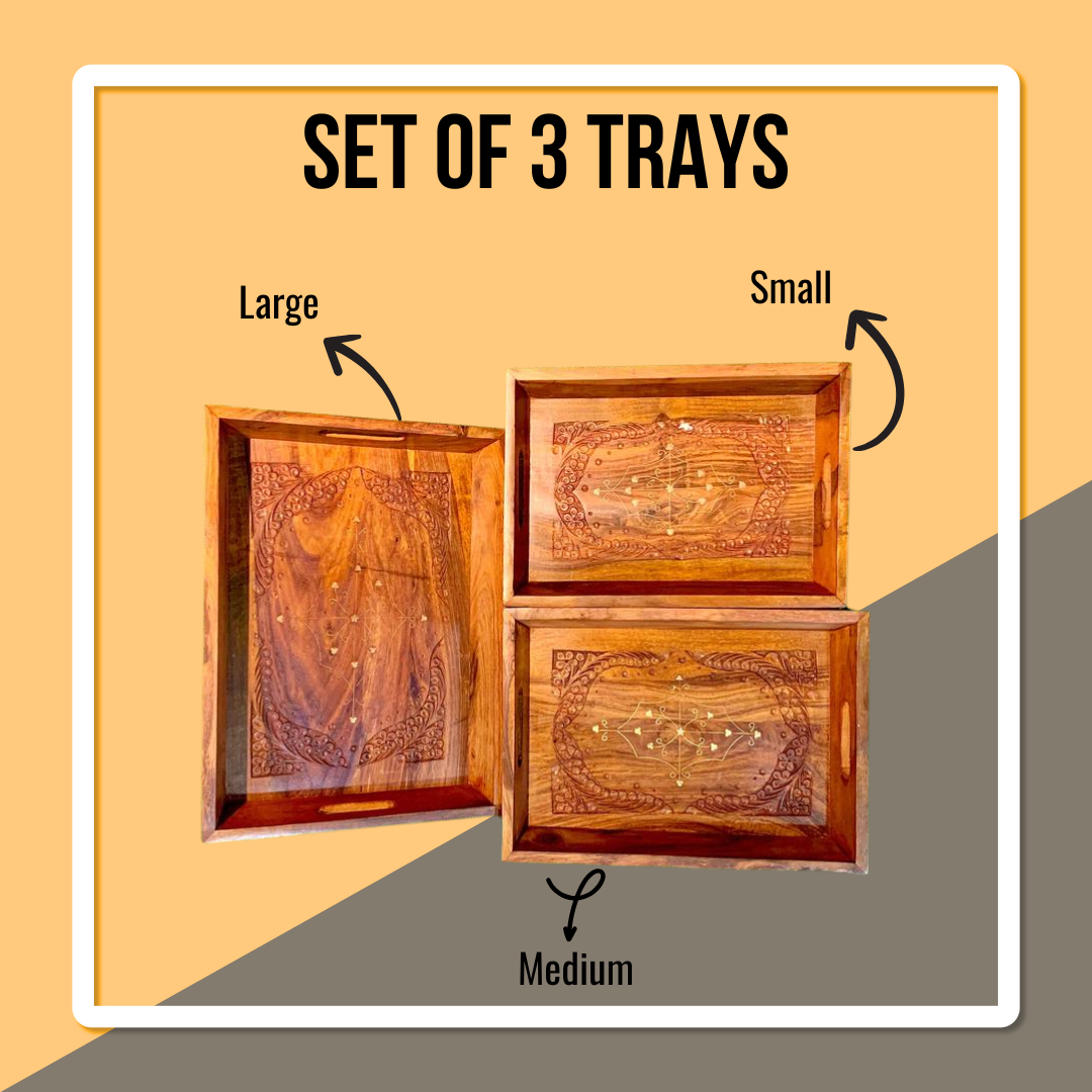 Hand Carved Wooden Tray Set (3 Trays)