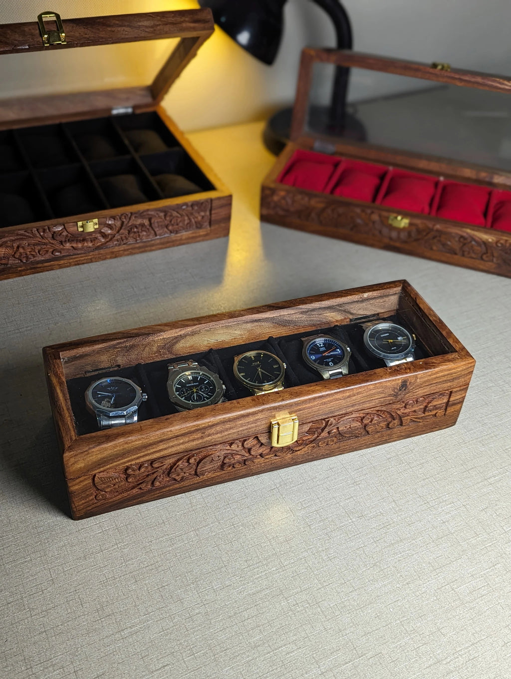 Wooden Watch Box with Glass Lid & Carving Art - Organizer for 5 Watches