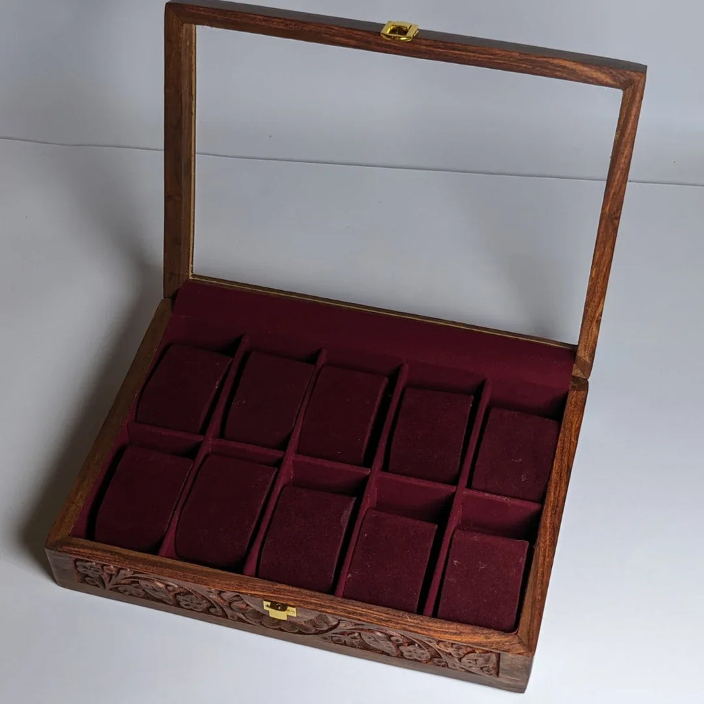 Wooden Watch Box with Glass Lid, Carving Art & Shape-Holding Cushions – Organizer for 10 Watches