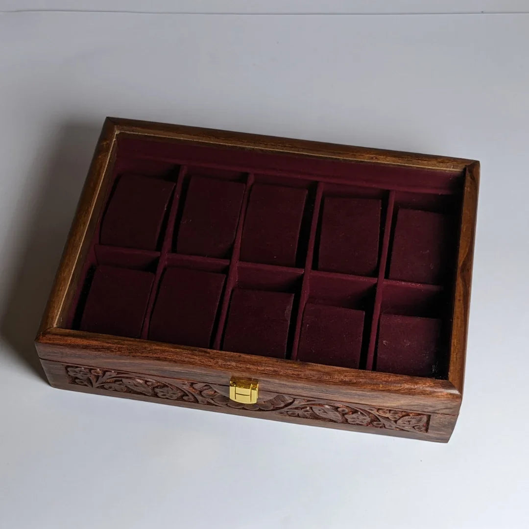 Wooden Watch Box with Glass Lid, Carving Art & Shape-Holding Cushions – Organizer for 10 Watches