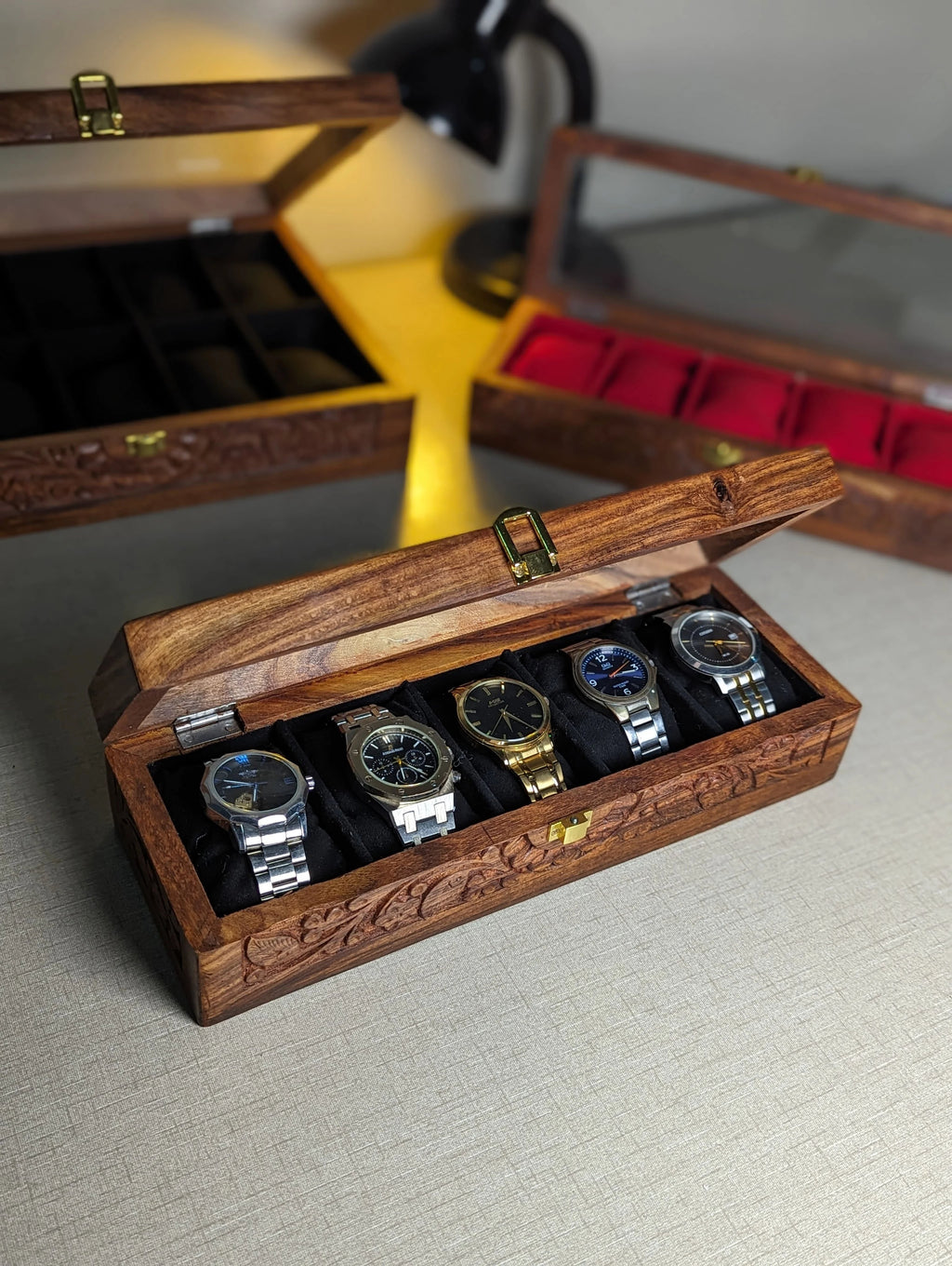 Wooden Watch Box with Glass Lid & Carving Art - Organizer for 5 Watches