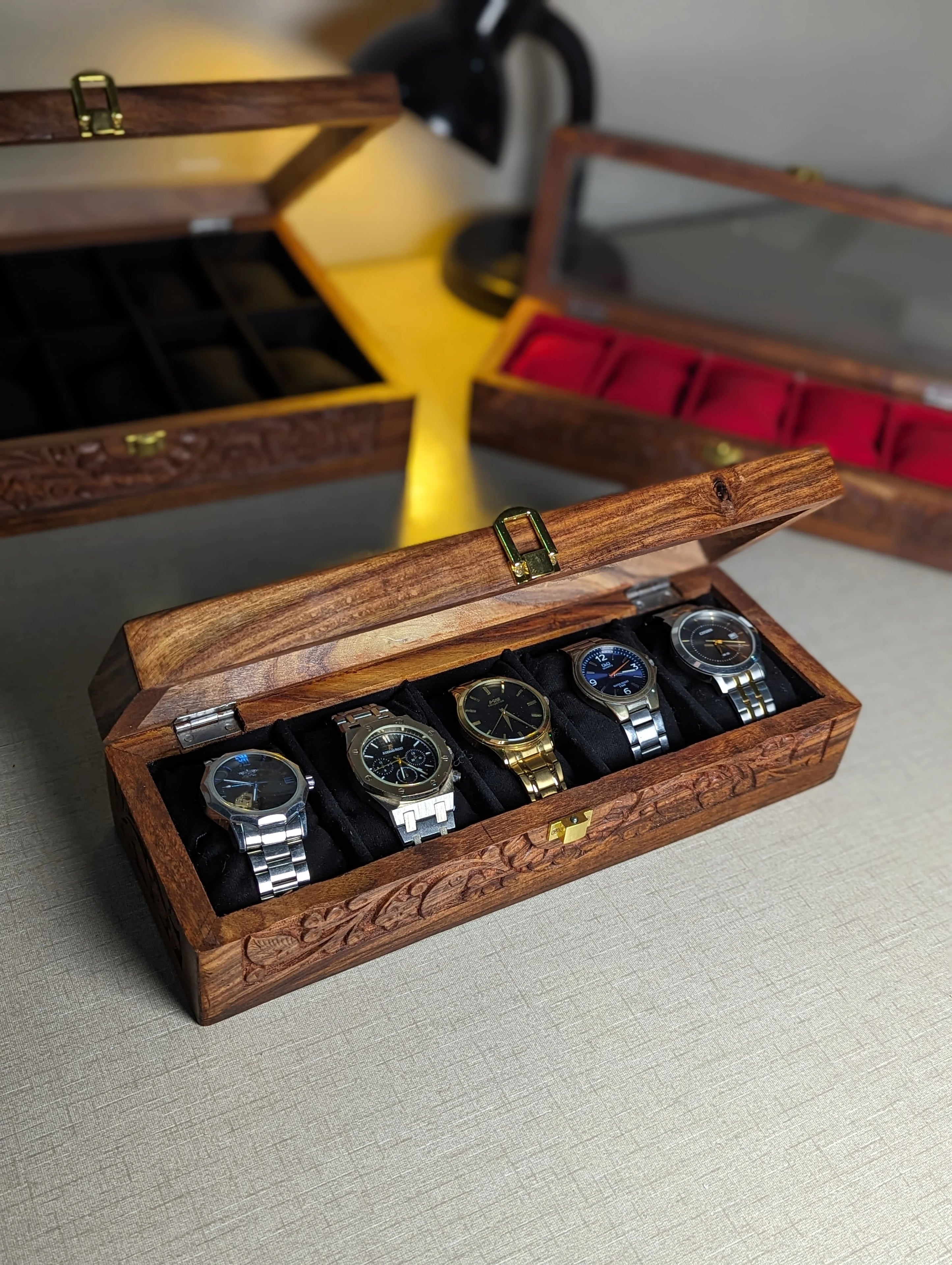 Wooden Watch Box with Glass Lid & Carving Art - Organizer for 5 Watches