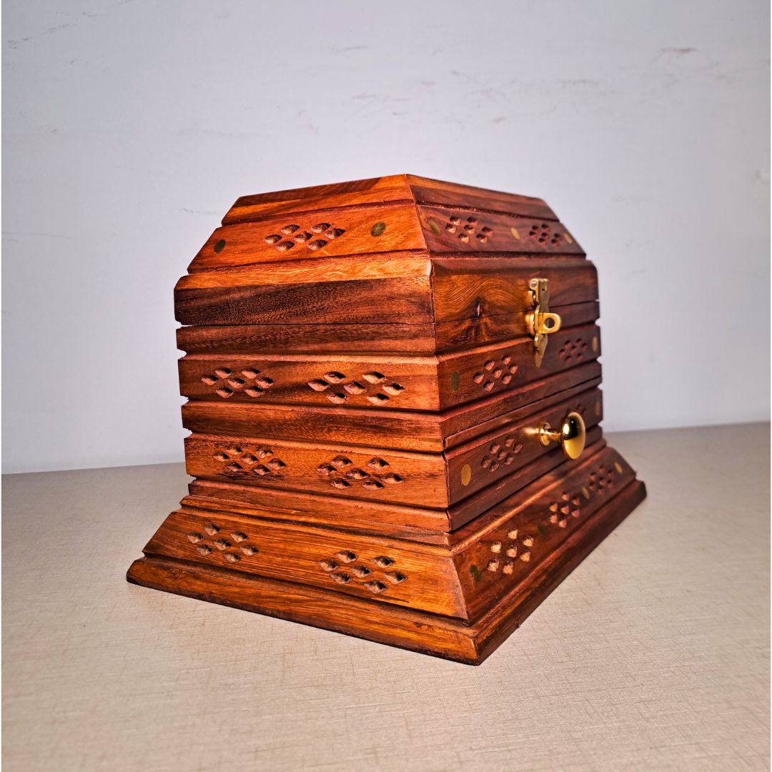 Hand-Carved Shesham Wood Jewelry Box with Drawer - 9x12 Inches