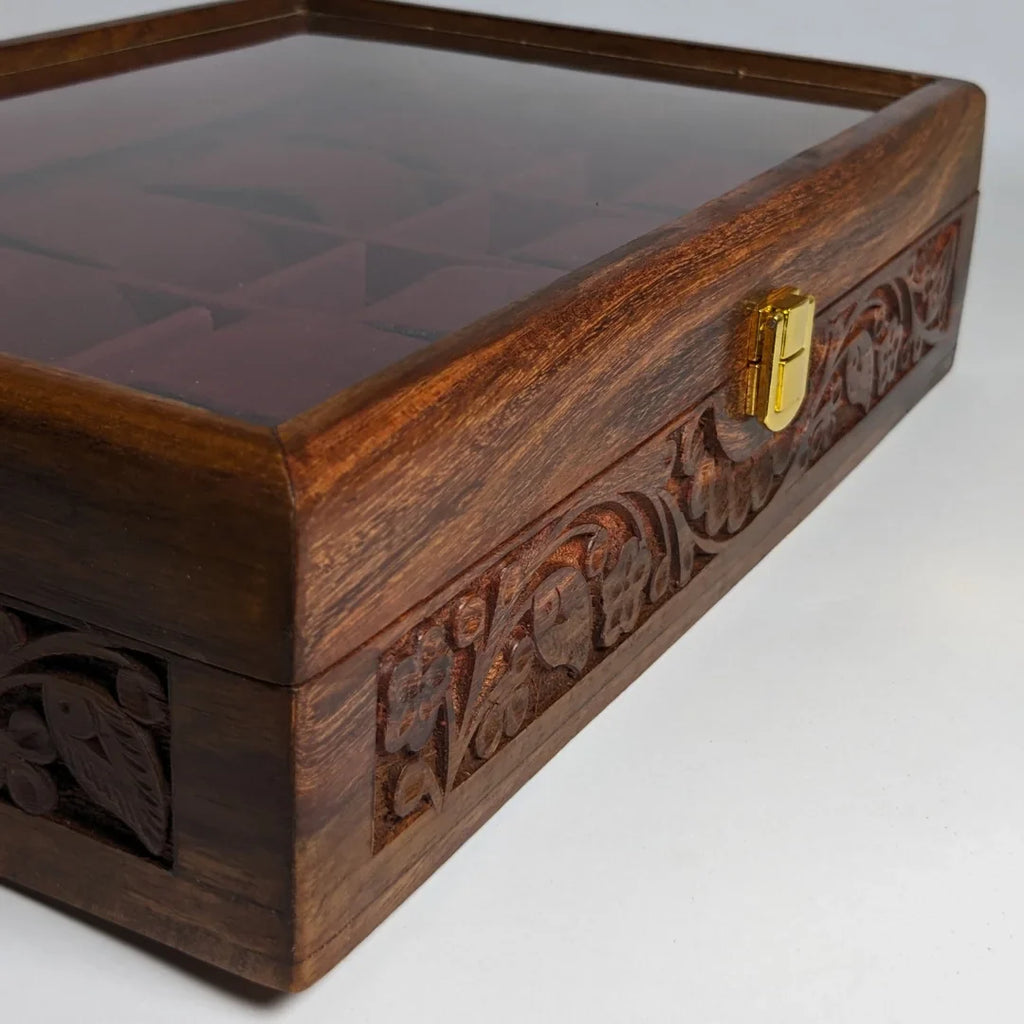 Wooden Watch Box with Glass Lid, Carving Art & Shape-Holding Cushions – Organizer for 10 Watches