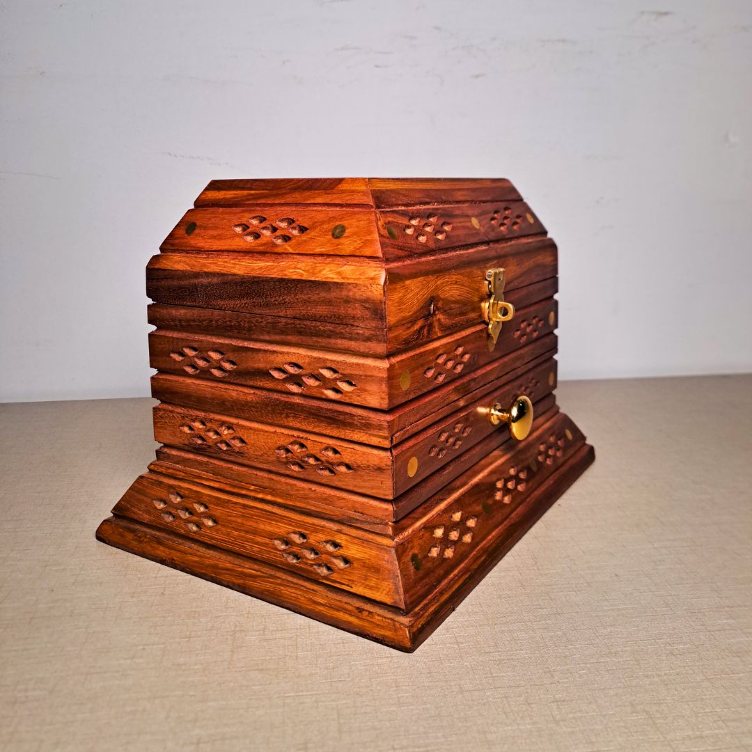 Set of 2 Hand-Carved Shesham Wood Jewelry Boxes - 9x12" and 7x10"