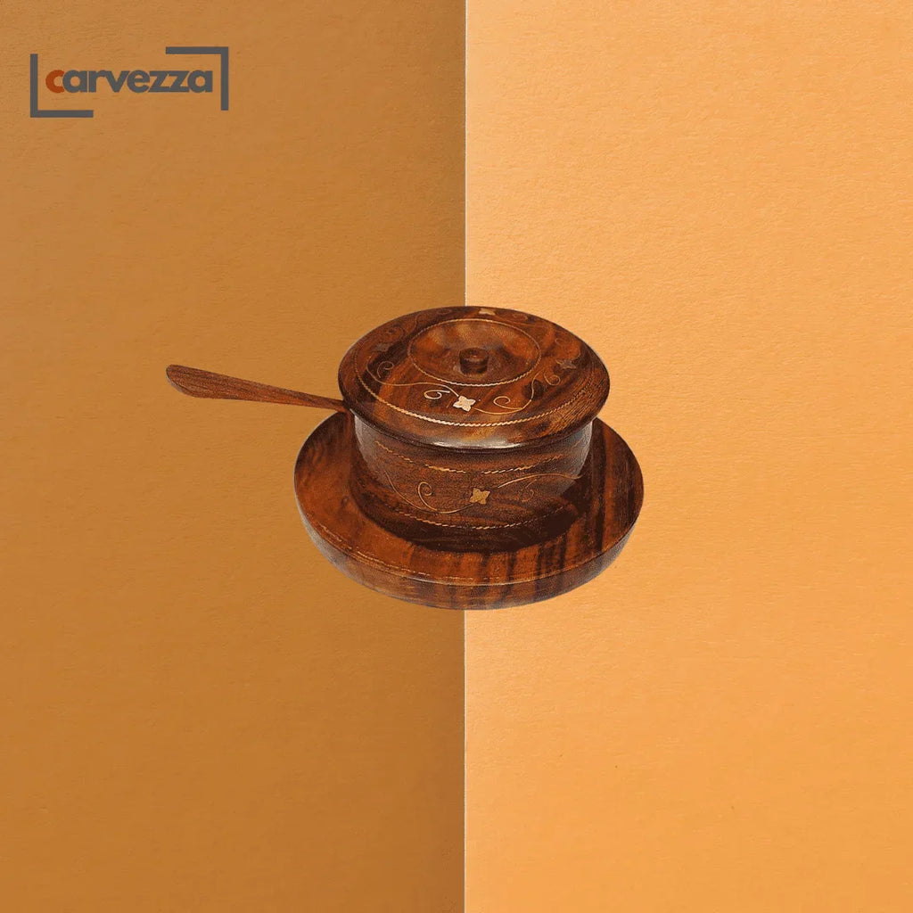 Wooden Sugar Pot with Brass Engraving