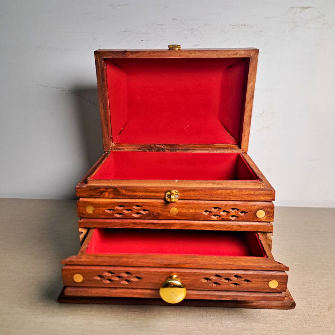 Hand-Carved Shesham Wood Jewelry Box with Drawer - 9x12 Inches