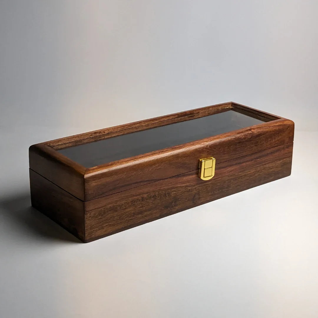 Wooden Watch Box with Glass Lid & Shape-Holding Cushions – Organizer for 5 Watches