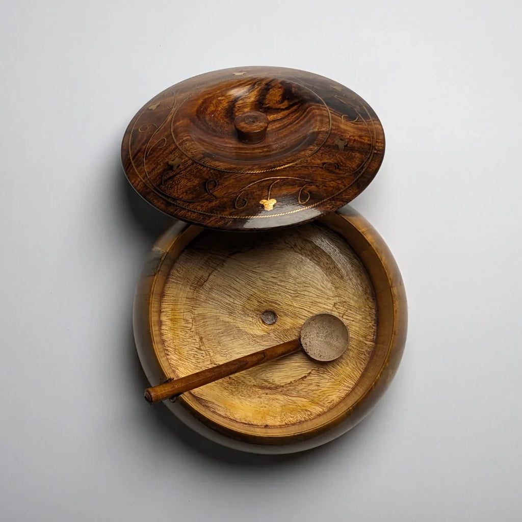Handcrafted Wooden Sugar Pot with Lid & Spoon