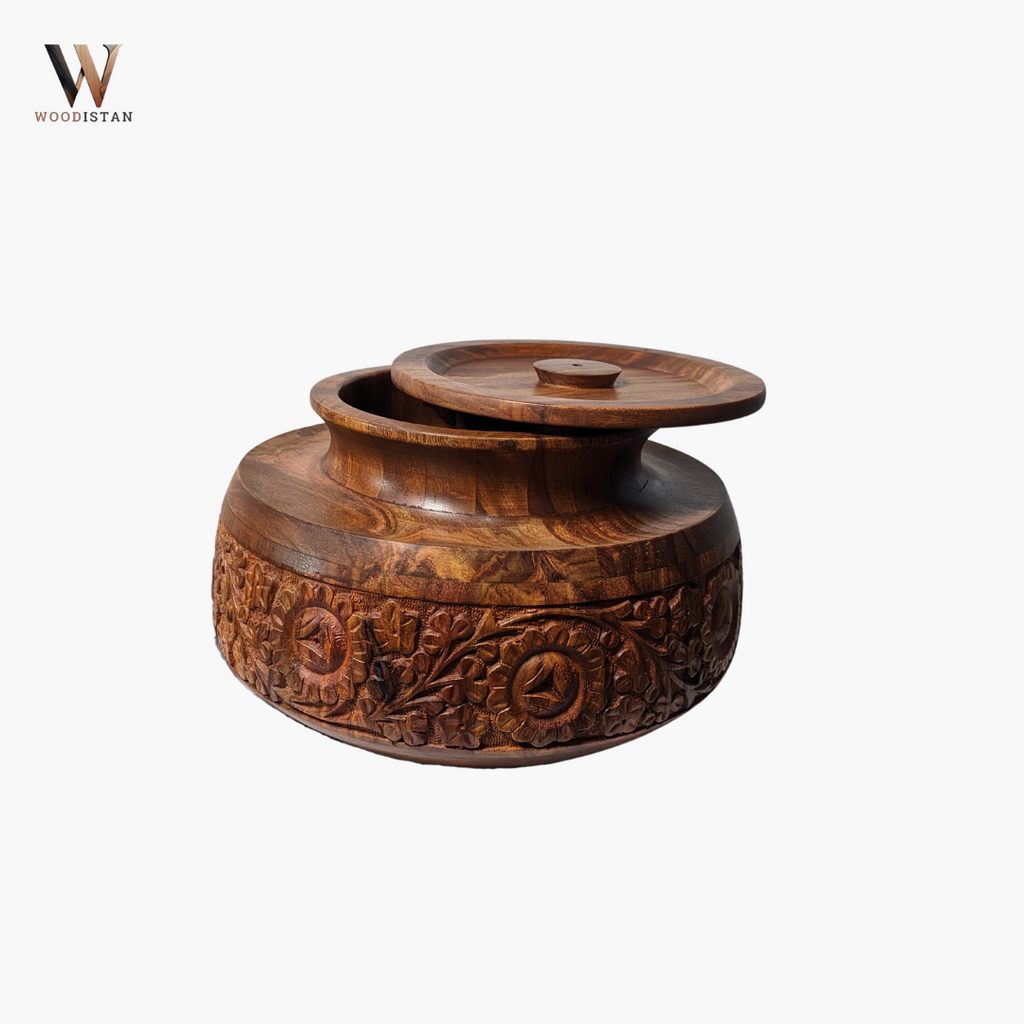 Handmade Wooden Daig Style Chapati Hotpot with Carving Art