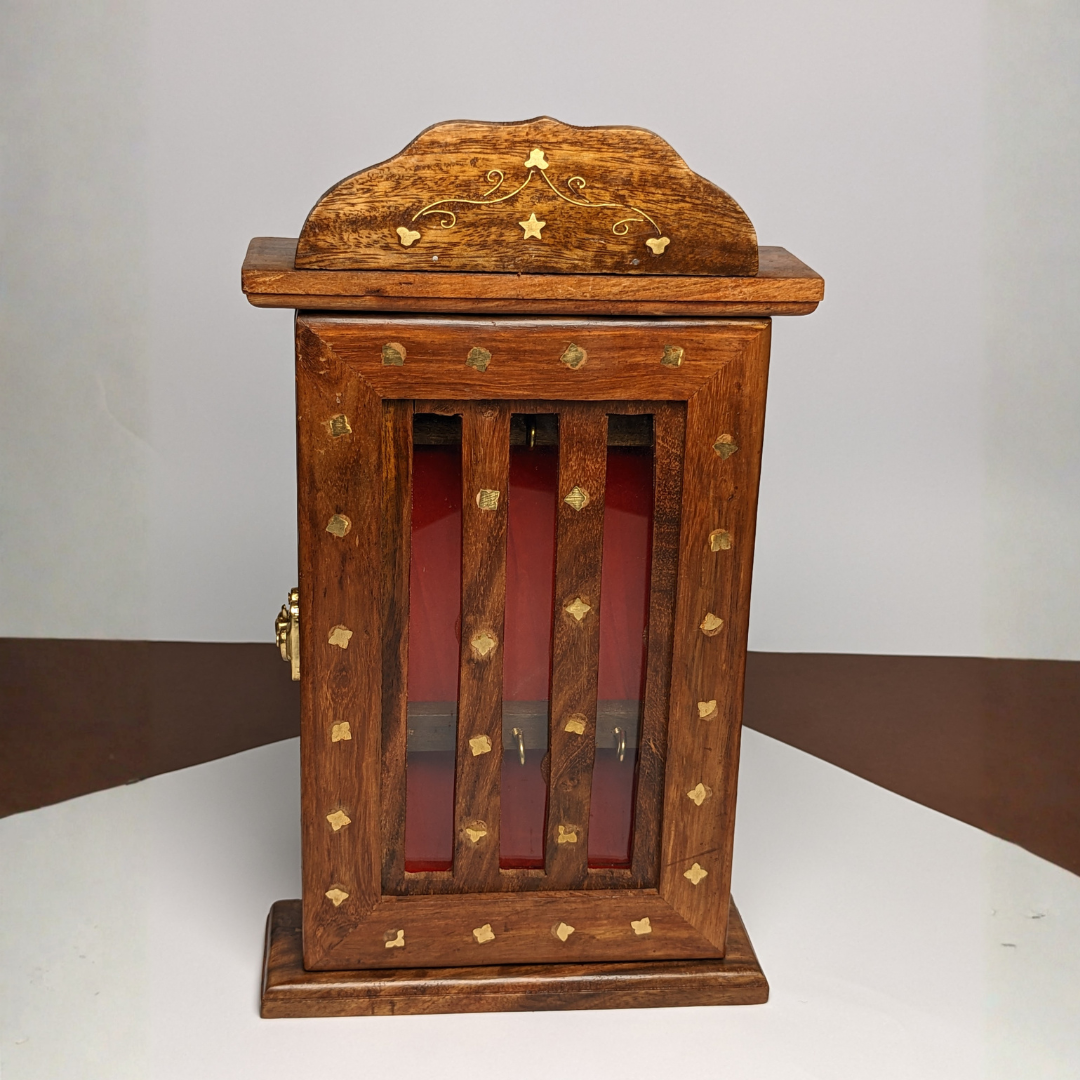 Handmade Wooden Wall Mounted Key Box with Glass Panel and 6 Key Hooks