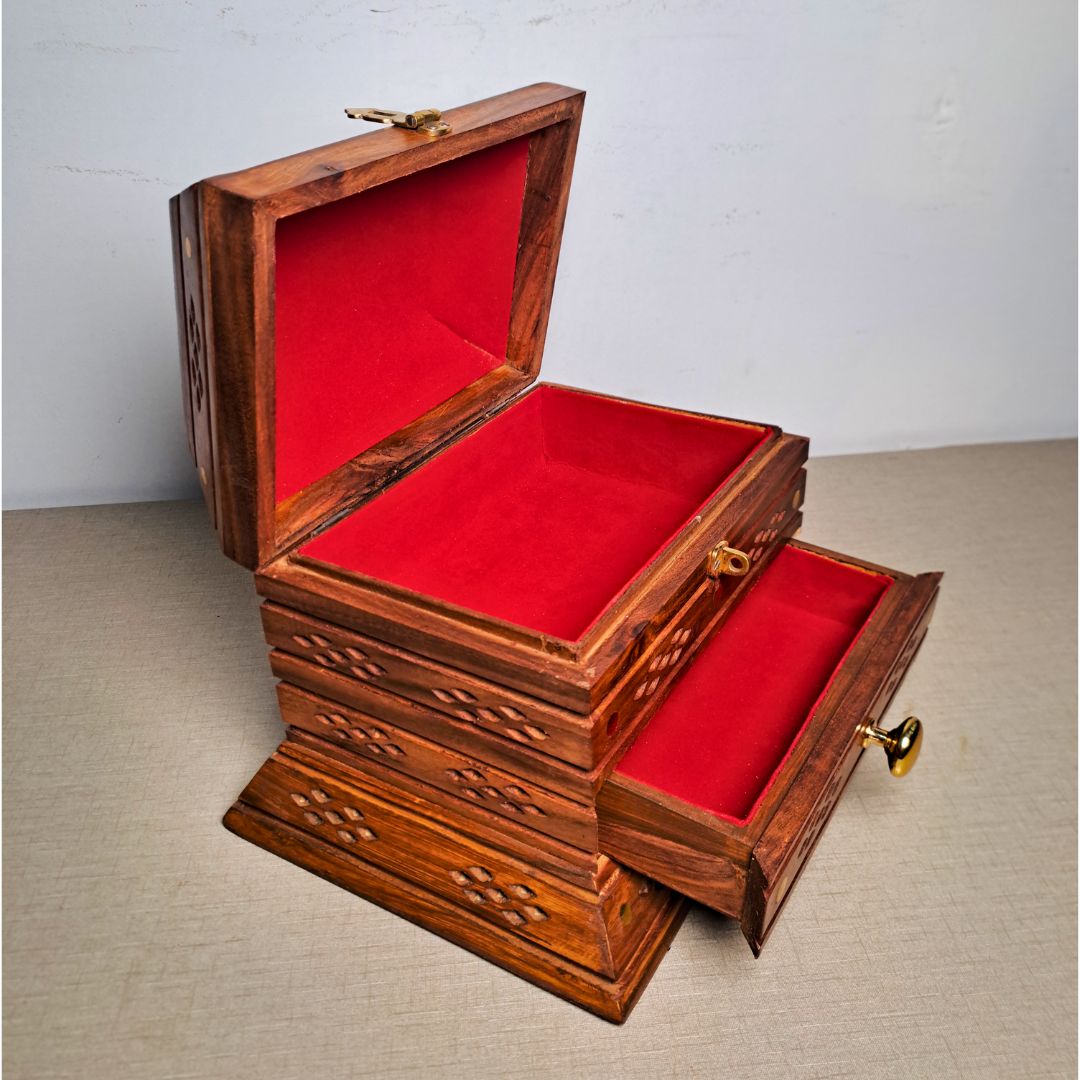 Hand-Carved Shesham Wood Jewelry Box with Drawer - 9x12 Inches