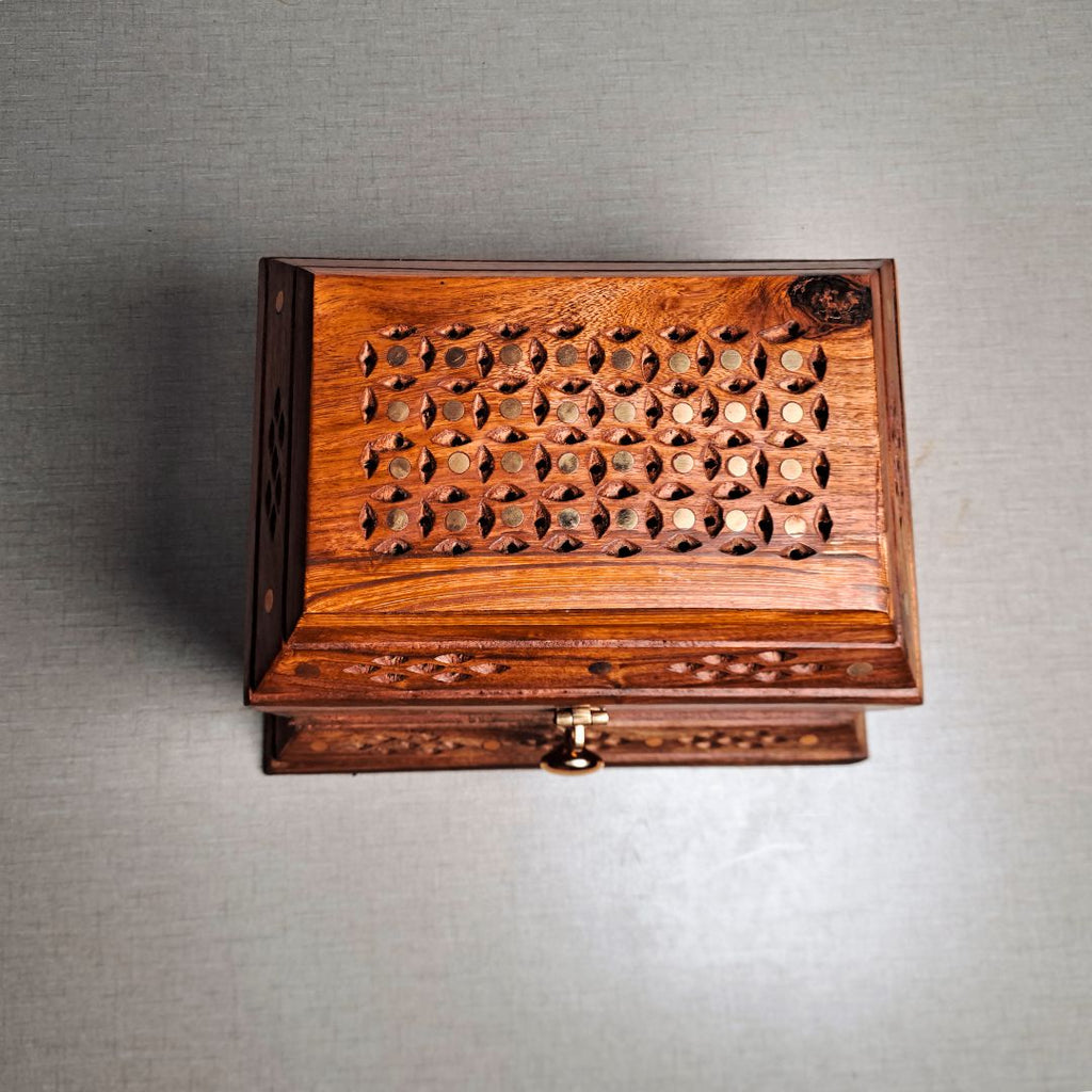 Hand-Carved Shesham Wood Jewelry Box with Drawer - 9x12 Inches