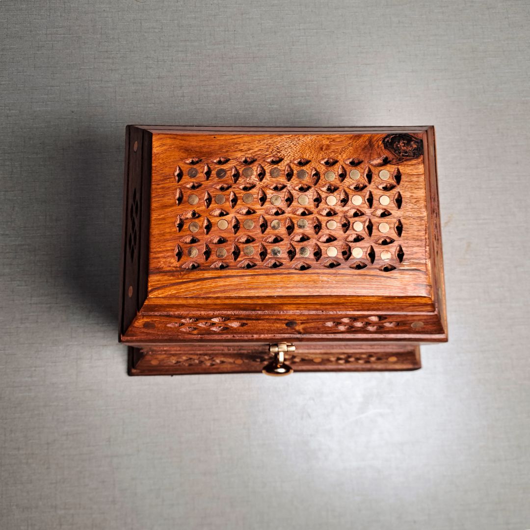 Hand-Carved Shesham Wood Jewelry Box with Drawer - 9x12 Inches