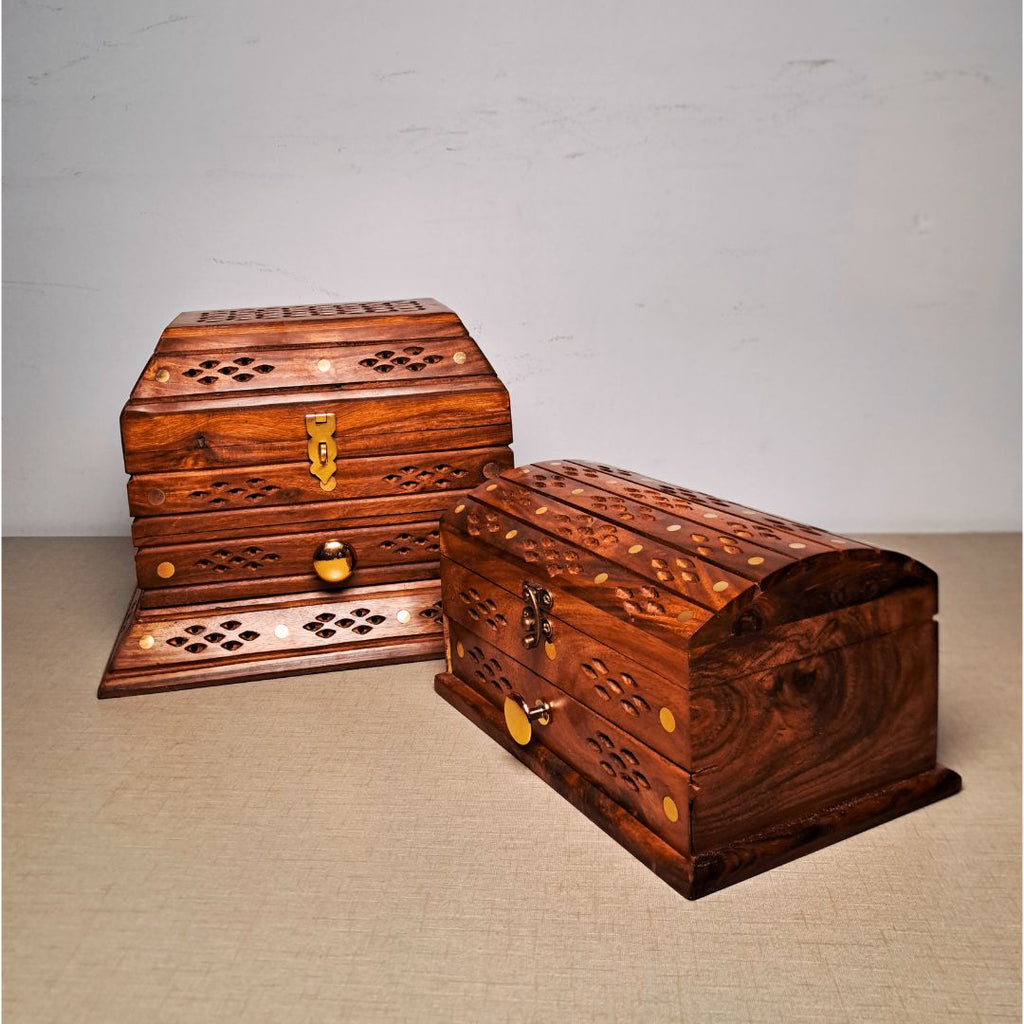 Set of 2 Hand-Carved Shesham Wood Jewelry Boxes - 9x12" and 7x10"